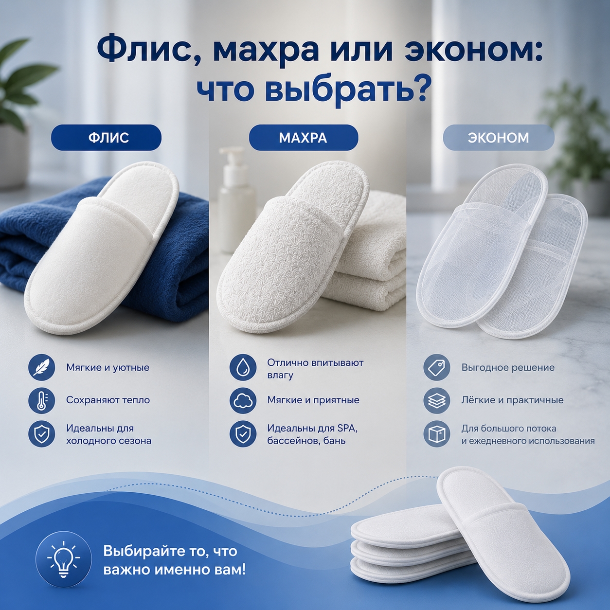 🥿 Флис, махра или эконом: что выбрать?

Выбор одноразовых тапочек..