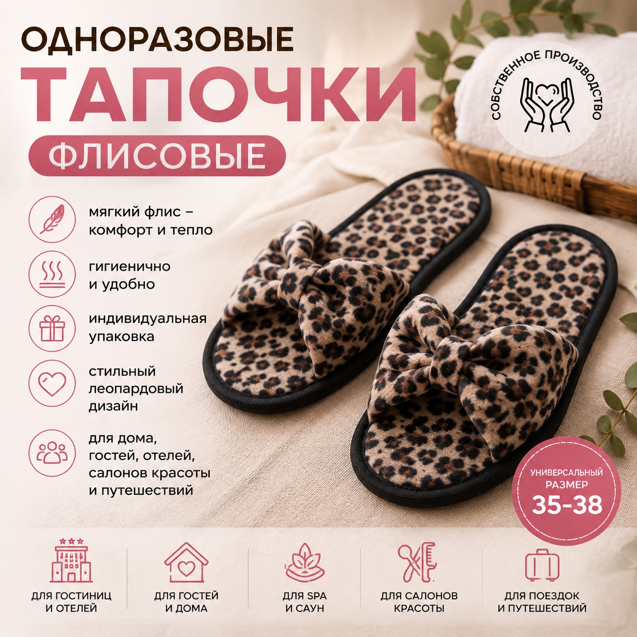 🐆 Одноразовые флисовые тапочки TimArti с леопардовым принтом —..