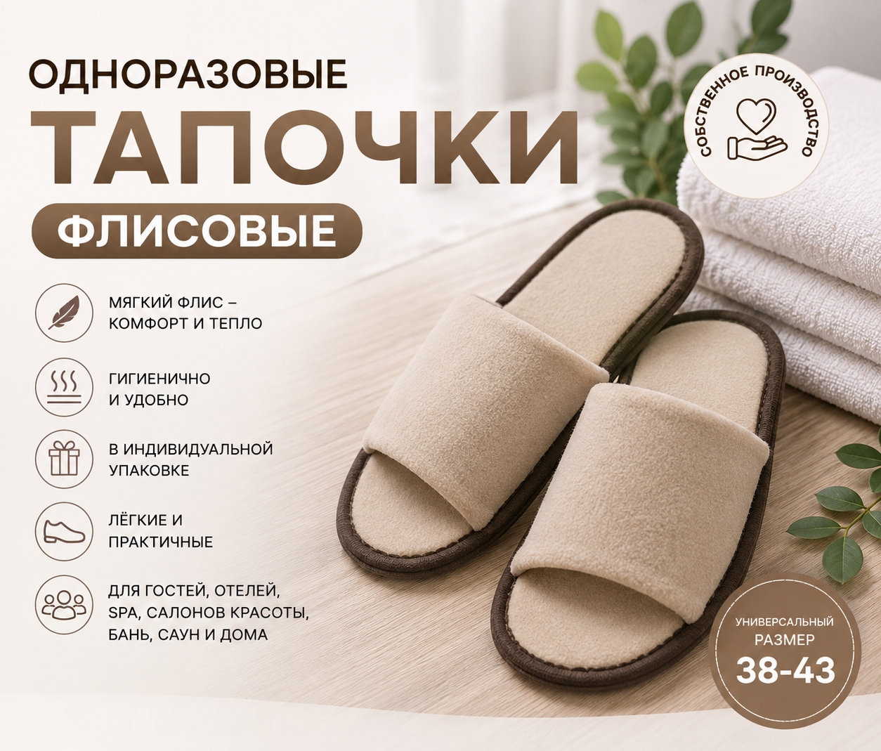 🤎 Бежевые одноразовые флисовые тапочки TimArti — комфорт в каждой..